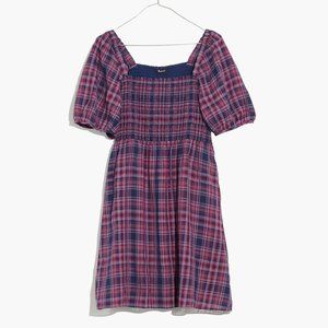 NWT Madewell Lucie Puff-Sleeve Smocked Mini Dress in Rockfern Plaid, Sz …